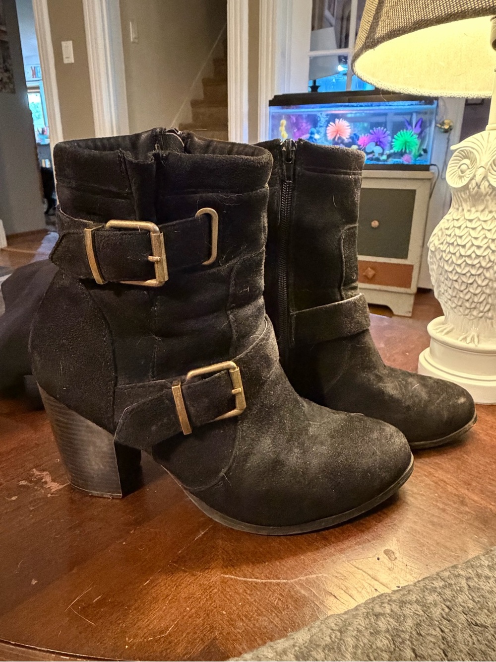 Shoe Dazzle Black Suede-Look Buckle Ankle Booties